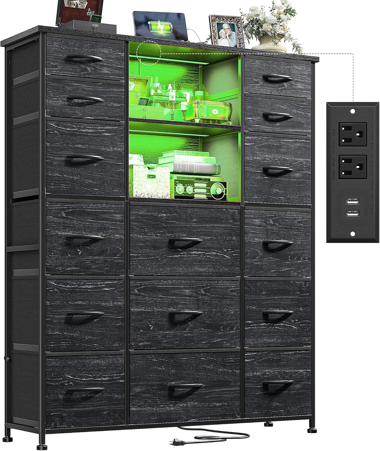 Tall Dresser for Bedroom with Charging Station and LED, Fabric Chests ...