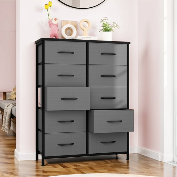 Tall Dresser for Bedroom, Chests of Drawers, Storage Organizer with 10 Drawers, Sturdy Metal Frame, Wood Tabletop for Guest Room, Closet, Entryway, Nursery, Gray