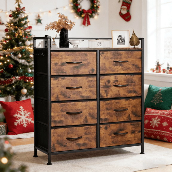 YEEZEE Tall Dresser for Bedroom,With 8 Fabric Drawers,5 Hooks and Wood Top, Unisex, Rustic Brown