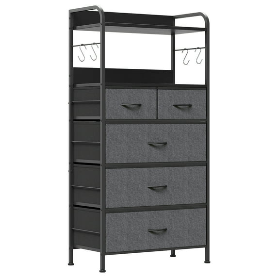 Tall Dresser for Bedroom, Vertical Dresser with 5 Fabric Drawers and 2-Tier Open Shelves, Chest of Drawers with Hanging Racks for Living Room, Small Space, Rustic Brown