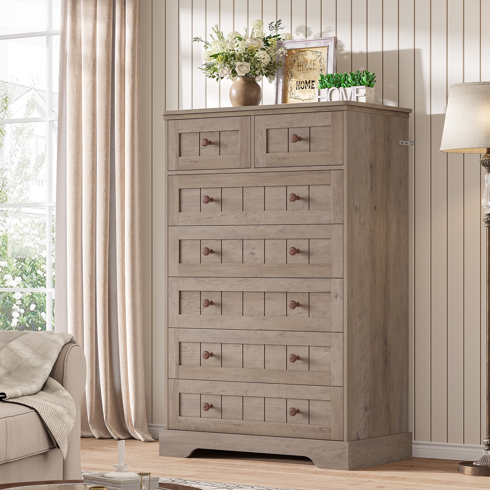 Tall Dresser Farmhouse 7 Drawer Dresser Storage Cabinet for Bedroom, Vertical Chest of Drawers for Living Room, Gray
