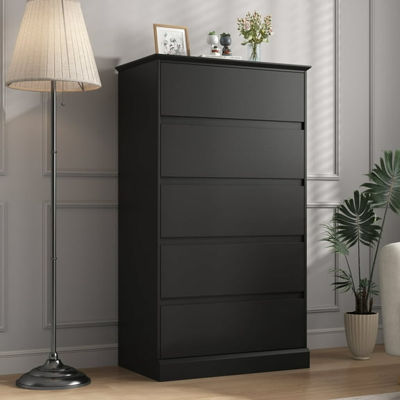 5 Drawer Dresser Black Bedroom Dresser Tall Dresser, Modern Storage Cabinet Minimalist Chest of Drawers with Solid Base for Living Room Dressing Room Entryway