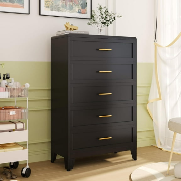 Tall Dresser for Bedroom 5 Drawers, Metal Dresser Chest of Drawers, Circular Drawer Cabinet for Home,Filing Cabinet with Drawers for Office (Black)