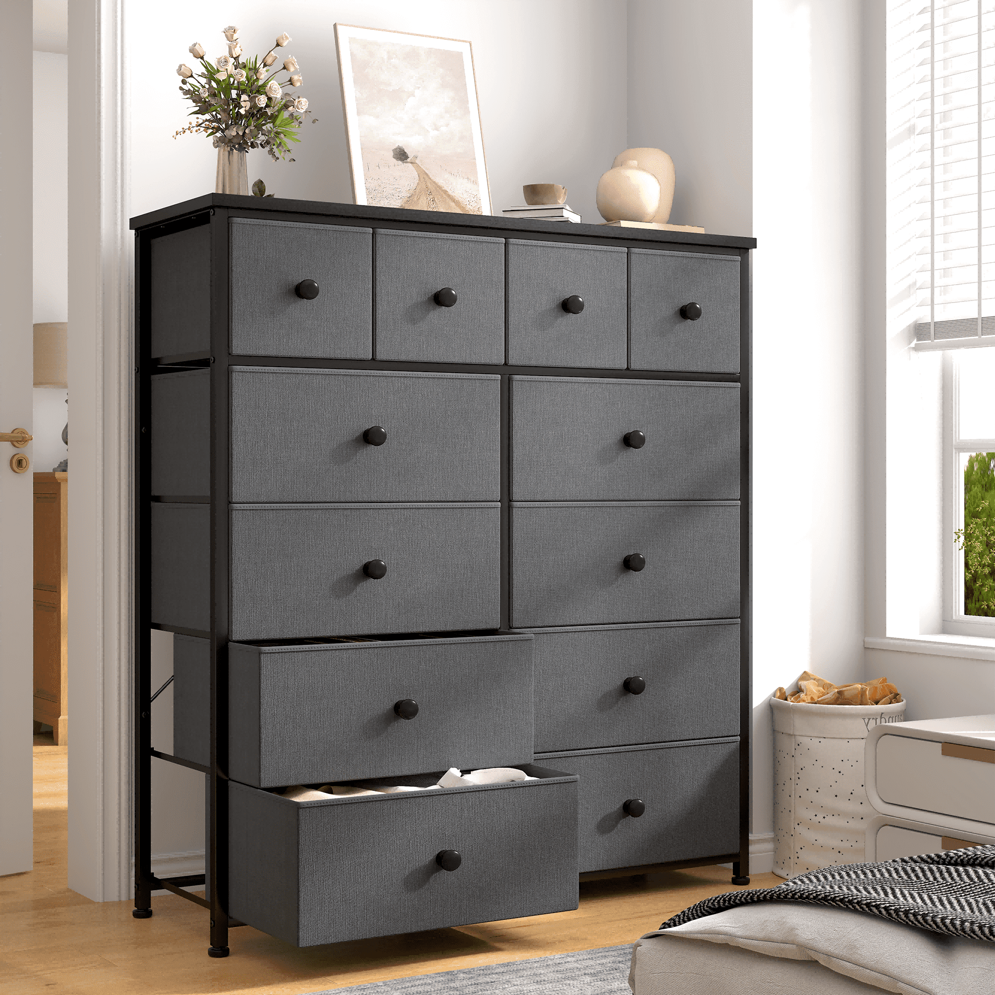 Romorgniz Tall Dresser for Bedroom with 12 Drawers Dresser for Closet Fabric Dressers and Chests of Drawers, Sturdy Metal Frame, Wood Top, Gray