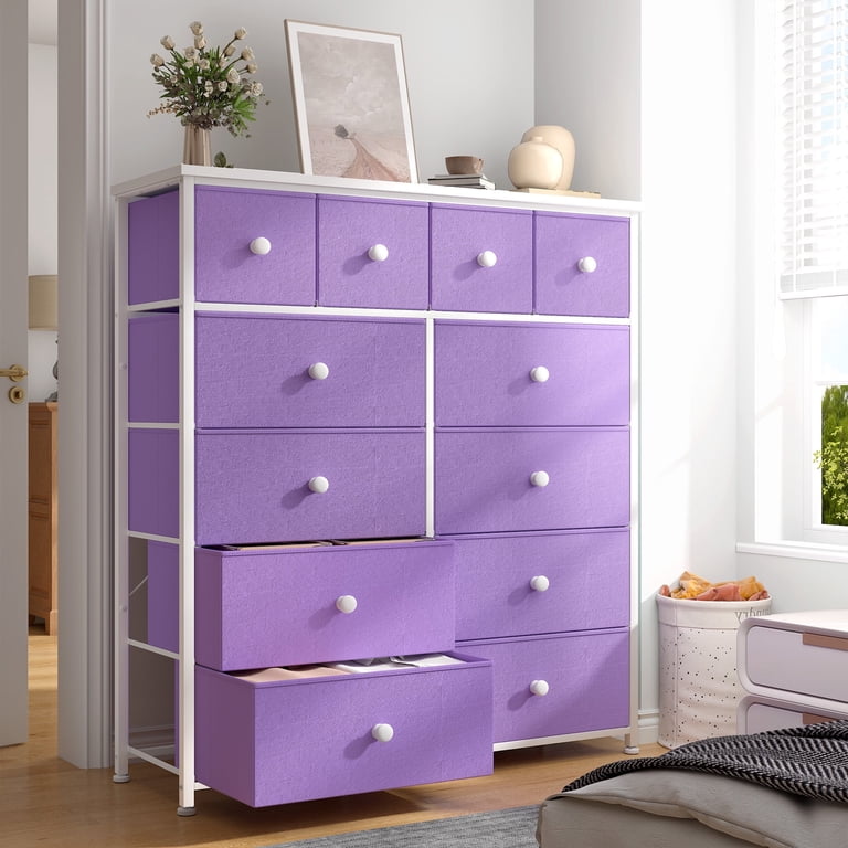 Romorgniz Tall Dresser for Bedroom with 12 Drawers Dresser for Closet Facric Dressers and Chests of Drawers, Sturdy Metal Frame, Wood Top, Purple