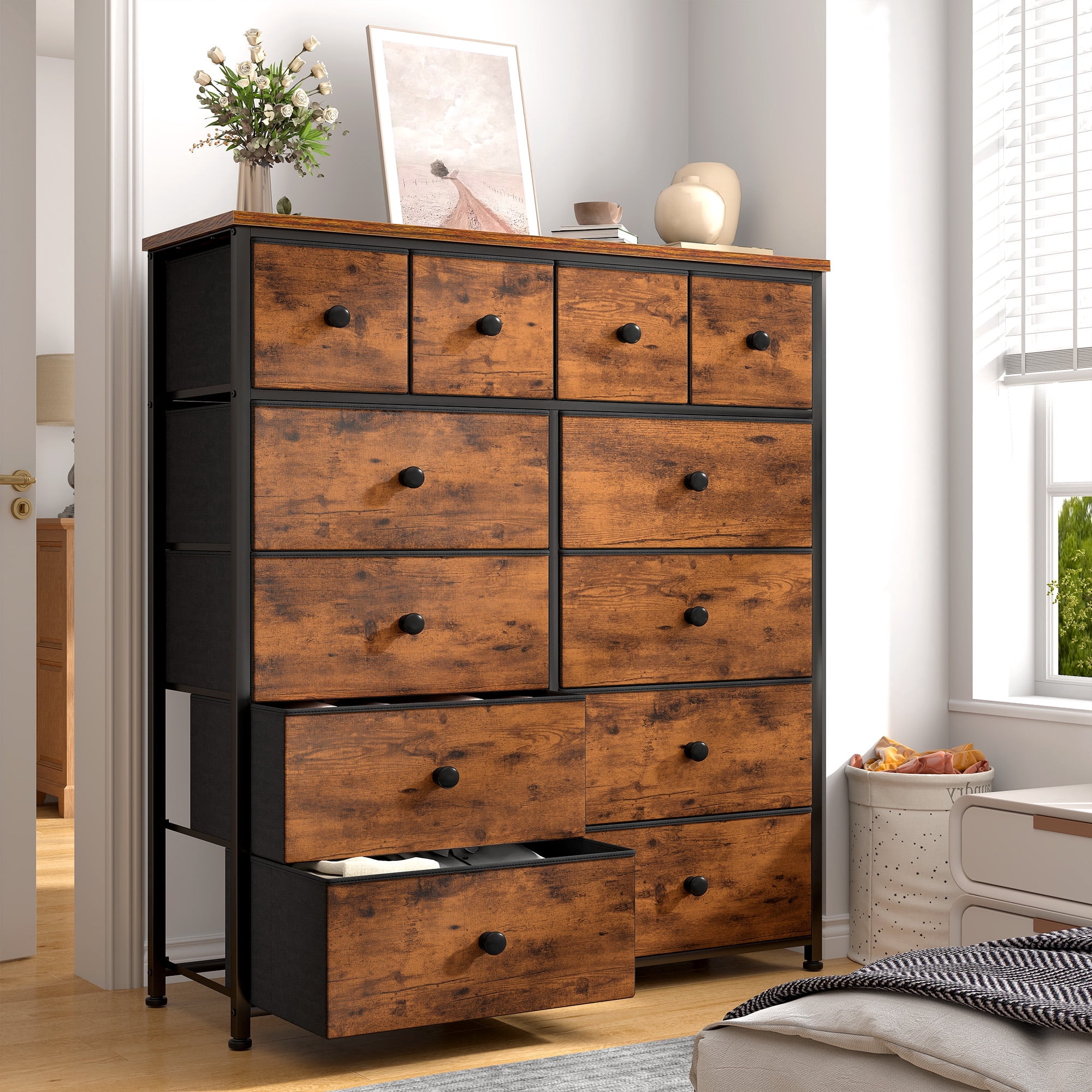 Romorgniz Tall Dresser for Bedroom with 12 Drawers Dresser for Closet Facric Dressers and Chests of Drawers, Sturdy Metal Frame, Wood Top, Rustic Brown