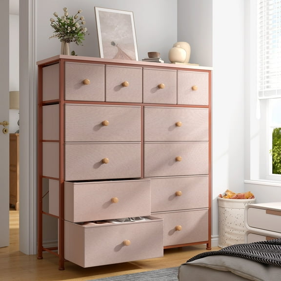 Romorgniz Tall Dresser for Bedroom with 12 Drawers Pink Dresser for Closet Fabric Dressers and Chests of Drawers, Sturdy Metal Frame, Wood Top