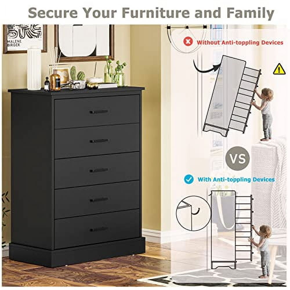 Black Tall 5-Drawer Wooden Dresser with Sturdy Base