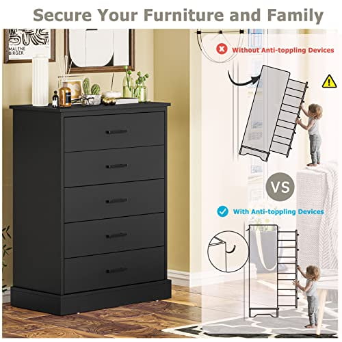 Black Tall 5-Drawer Wooden Dresser with Sturdy Base