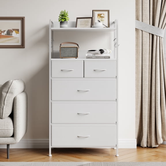 Tall Dresser with 5 Fabric Drawers and Open Shelves Vertical Storage Cabinet with Hanging Racks for Bedroom Living Room Small Space