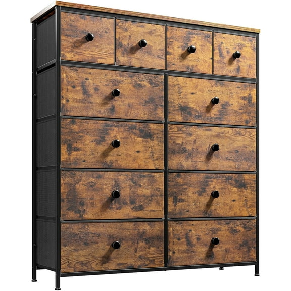 Tall Dresser for Bedroom with 12 Drawers, Fabric Storage Dressers & Chests of Drawers, Sturdy Metal Frame, Wood Top, Closet, Entryway, Bedroom Furniture (Rustic Brown)