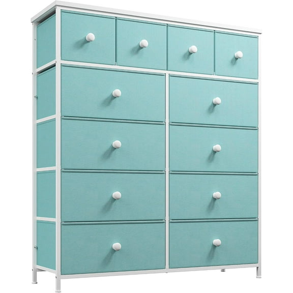 Tall Dresser for Bedroom with 12 Drawers, Fabric Storage Dressers & Chests of Drawers, Sturdy Metal Frame, Wood Top, Closet, Entryway, Bedroom Furniture (Turquoise)