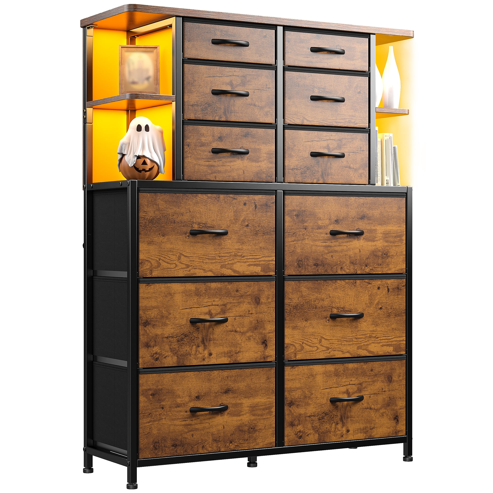 Romorgniz Tall Dressers for Bedroom with 12 Fabric Drawers and Open Shelves Dressers & Chests of Drawers with LED Lights, Metal Frame, Rustic Brown