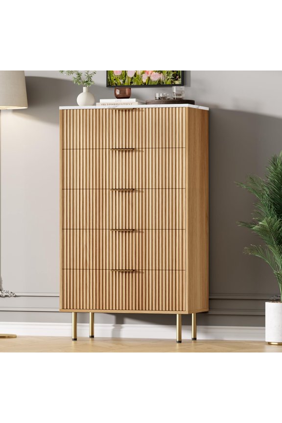 Tall Dressers for Bedroom with 5 Drawers, Black Wood Chest of Drawers with Gold Handles, Modern Nightstand for Bedside, Wooden Storage Organizer Cabinet for Living Room, Hallway