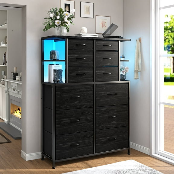 Romorgniz Tall Dressers for Bedroom with 12 Fabric Drawers and Open Shelves White Dressers & Chests of Drawers with LED Lights, Metal Frame