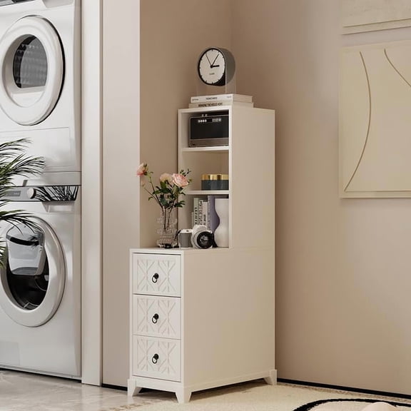 Tall End Table with 3-Drawer and Shelves, Narrow Side Table with Charging Station, High Slim Corner Cabinet Bedside Table with Storage Bookcase for Living Room Bedroom, White