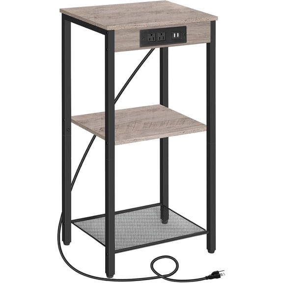 Tall End Table with Charging Station, 29.7 Inch Small Tall Side Table, 3-Tier Telephone Table, Small Entryway Table, High Nightstand for Living Room, Bedroom, Hallway, Greige