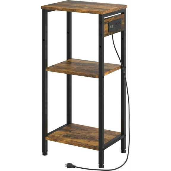 Tall End Table with Charging Station, 3 Tier Narrow Tall Nightstand with Storage, Slim Side Table with USB Ports and Outlets for Bedroom, Living Room, Office, Rustic Brown and Black