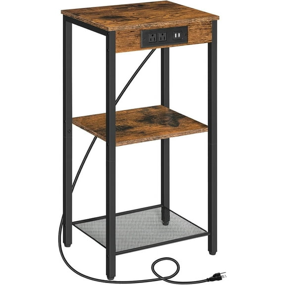 Tall End Table with Charging Station, 30 Inch Tall Nightstand, 3-Tier Side Table with Storage Shelves, for Living Room, Bedroom, Hallway, Rustic Brown