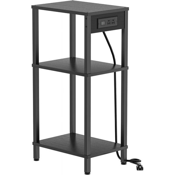 Tall End Table with Charging Station and USB Ports, 3 Tier Narrow Side Table with Storage, Skinny Nightstand with Outlets for Bedroom, Living Room, Office, Black
