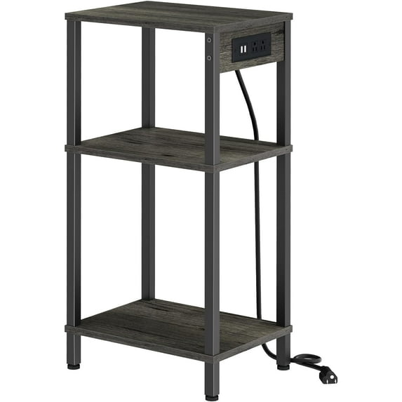Tall End Table with Charging Station and USB Ports, 3 Tier Narrow Side Table with Storage, Skinny Nightstand with Outlets for Bedroom, Living Room, Office, Carbon Gray