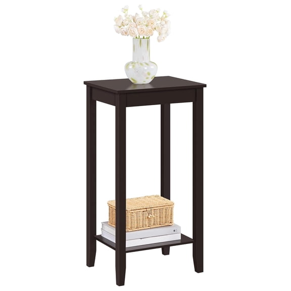 Tall End Table with Storage, 2 Tier Sofa Side Table, Solid Wood Legs, Living Room Telephone Table, D15xW12xH29 Inches, Dark Coffee