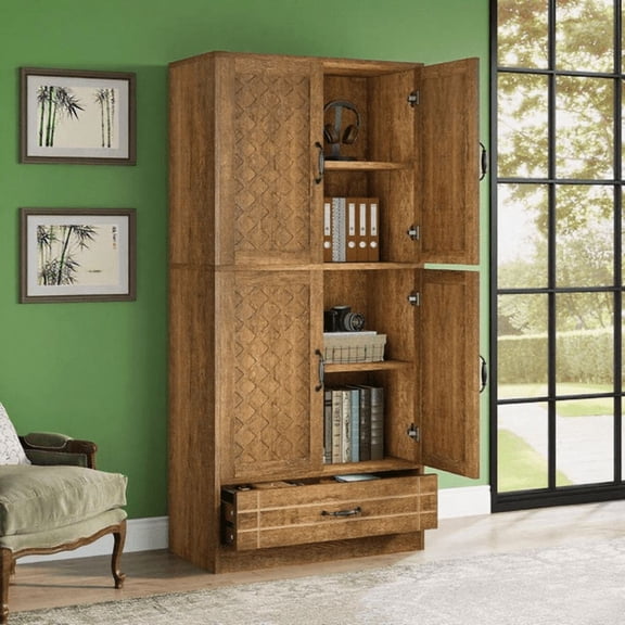 Tall Farmhouse Bookcase with Storage, Rustic Brown, Diamond-Patterned Cabinets & Drawer, for Home Office/Living Room/Kitchen