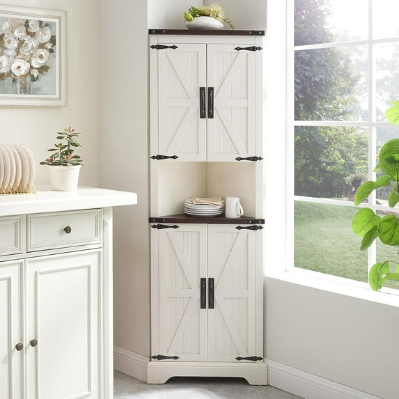 Tall Farmhouse Corner Cabinet with 4 Doors and Adjustable Shelves, Farmhouse Storage Cabinet with Barn Door Design, Home Space Saver for Living Room, Kitchen, Laundry Room (Antique White)