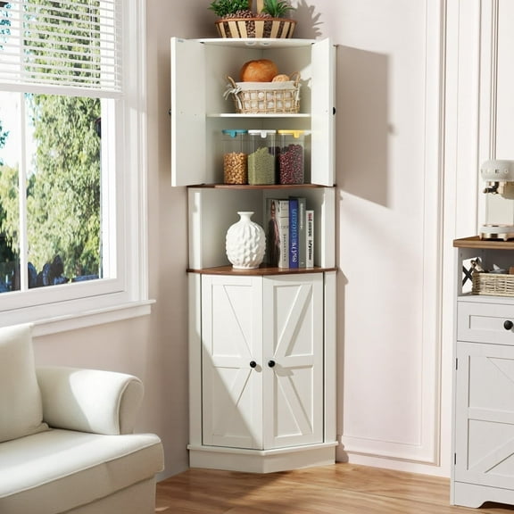RAZXNAOR Farmhouse Corner Cabinet with 4 Doors and Storage Shelves, White