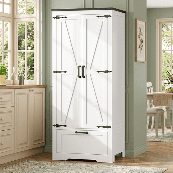 Tall Farmhouse Storage Cabinet with 2 Barn Door & 1 Large Drawers, Freestanding Pantry Cabinet with 3 Shelves, Storage Cabinet for Living Room, Kitchen, Bathroom, White