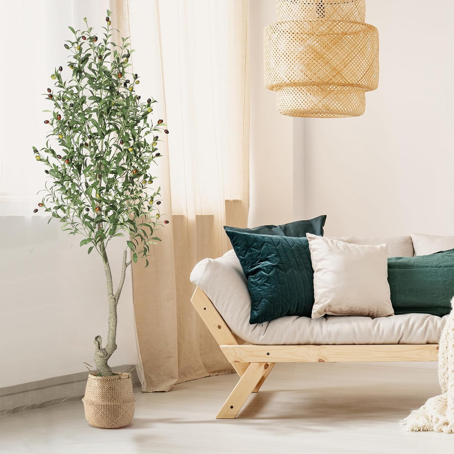 Tall Faux Olive Tree, 6ft(72in) Olive Trees Artificial Indoor with White Planter and Green Fake Moss for Home Office Living Room Bedroom Stairs Foyer Decor, 1 Pack