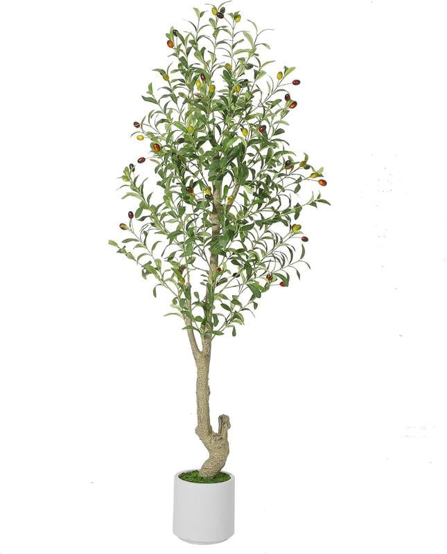 Tall Faux Olive Tree Artificial Indoor with White Planter and Green ...