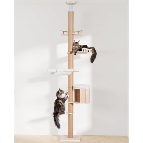 Tall Floor to Ceiling Cat Tree for Large Cats, Cat Tower with Scratching Post, Adjustable Height, Large Condo Cave Bed and Hammock for Indoor Cats, Cat Climbing Pole, Wood