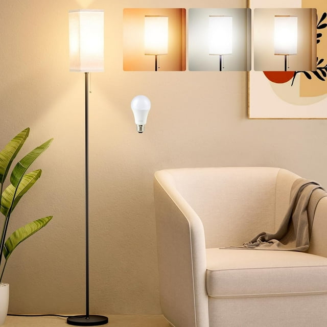Tall Floor Lamp Set of 2 with Linen Shade - 3 Color Temperature, Black, LED Bulbs, Pull Chain Switch, Easy Assembly(2 Pack)