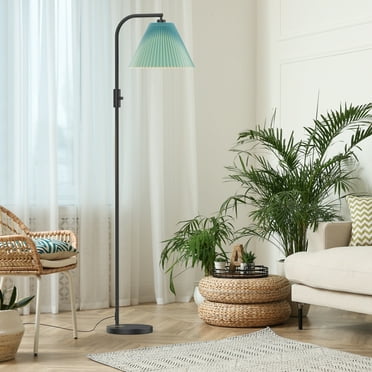 Tall Floor Lamp with Linen Shade - 3 Color Temperature, Black, LED Bulbs, Green Pleated Cloth Lampshade