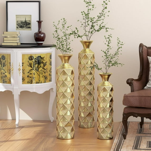 Tall Floor Vase Large Vintage Modern Set Oversized Metal Vases for Decor Living Room Gold Decorative (3D Triangle)