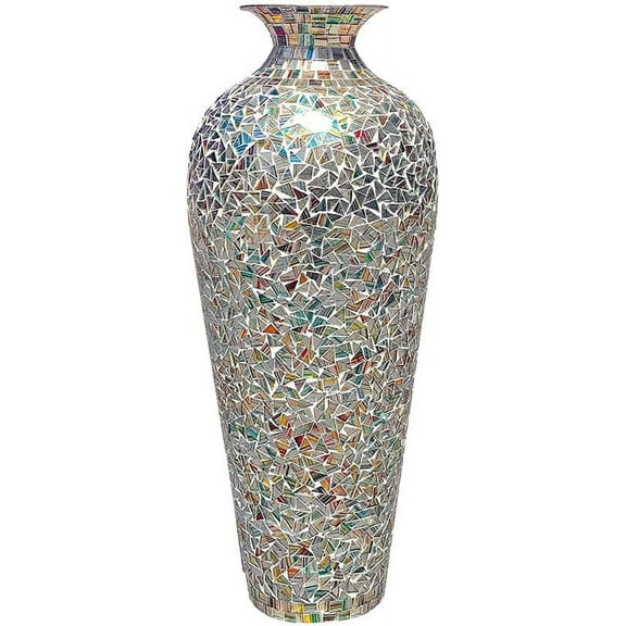 Tall Floor Vase, Mosaic Vase, Bohemian Rhapsody Multicolor 20 Inch Vase, Rainbow Glass Mosaic Vase with Sparkling Metallic Glass Flake Overlay- Rainbow