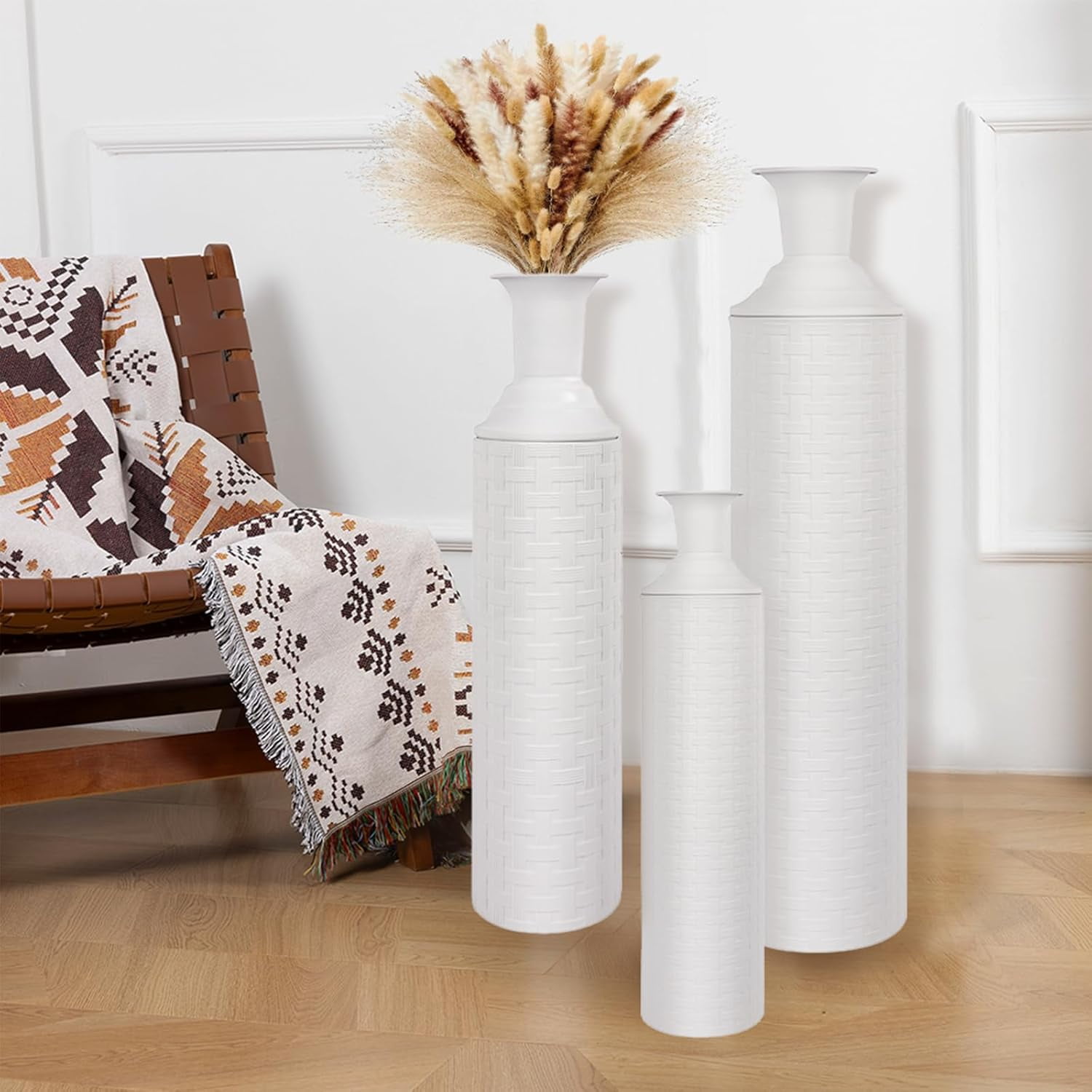 27.5 Inch White Floor Vase With Silver Geometric Pattern - Modern Tall Decorative Vase For Living Room, Wedding