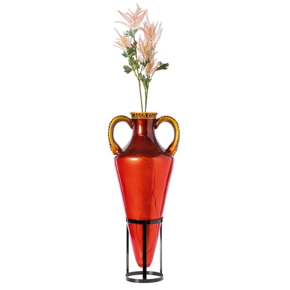 Tall Floor Vase, Roman Style Large Pointed Amphora, 35" Floor Vase, Interior Decoration, Metal Tripod Stand, Red and