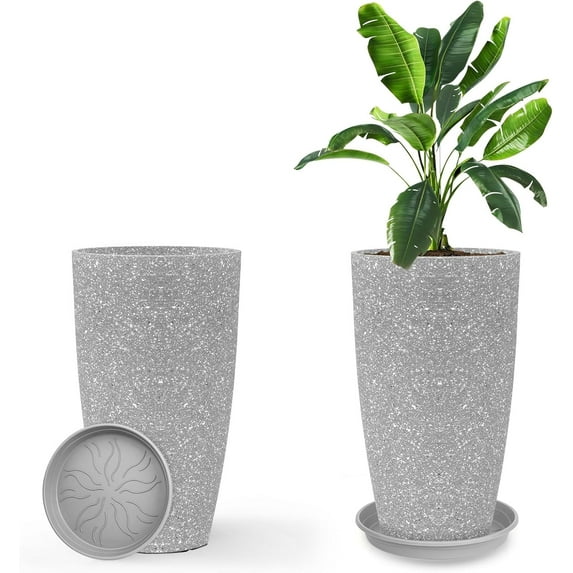 Tall Flower Pot Indoor - Outdoor Pot - Gray Rough Planter - Elegant Stone Imitation - 12" Diameter 21" Tall with Drainage Holes and Saucer