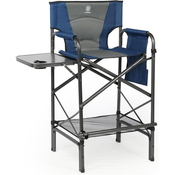 Tall Folding Chair 30.7" Seat Height Directors Chair High Foldable Bar Stool for Makeup Artist Face Painting with Side Table Cup Holder and Storage Pocket Supports 350LBS (Blue/Grey)
