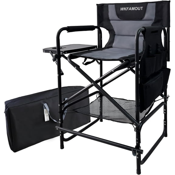Tall Folding Directors Chair with Side Table 26.77" Seat Height Foldable Camping Chair Bar Stool for Makeup Artist Face Painting with Footrest and Storage Pocket Supports 350LBS