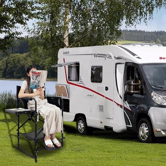 Tall Folding Directors Chair with Side Table 26.77" Seat Height Foldable Camping Chair Bar Stool for Makeup Artist Face Painting with Footrest and Storage Pocket Supports 350LBS