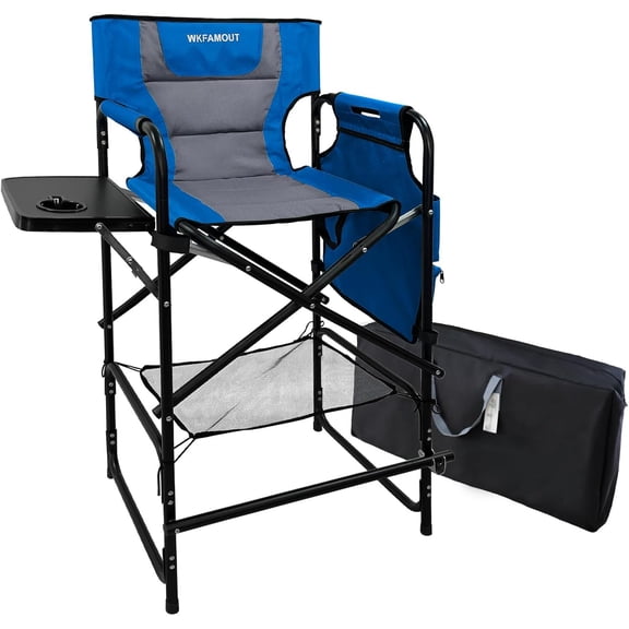 Tall Folding Directors Chair with Side Table 30.71" Seat Height Foldable Camping Chair Bar Stool for Makeup Artist Face Painting with Footrest and Storage Pocket Supports 350LBS