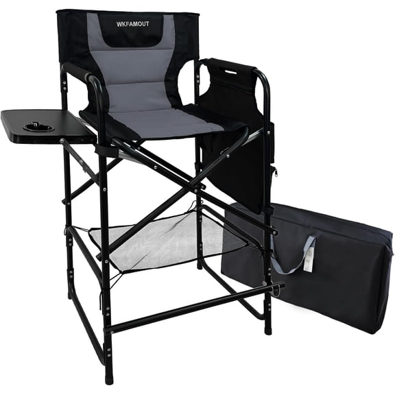 Tall Folding Directors Chair with Side Table 30.71" Seat Height Foldable Camping Chair Bar Stool for Makeup Artist Face Painting with Footrest and Storage Pocket Supports 350LBS