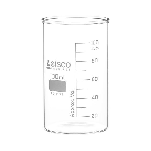 Tall Form Beaker Without Spout, 100mL - Graduated - Borosilicate Glass - Berzelius Beaker - Eisco Labs