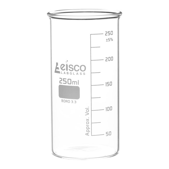 Tall Form Beaker Without Spout, 250mL - Graduated - Borosilicate Glass - Berzelius Beaker - Eisco Labs