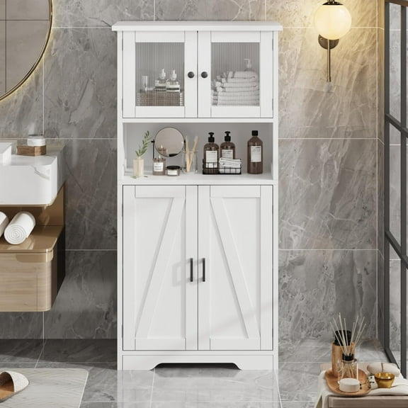 Tall Freestanding Bathroom Cabinet with Glass Doors,54" Modern Storage Cupboard with Adjustable Shelves for Kitchen, Pantry, Living Room, White