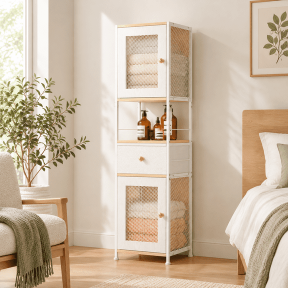 Tall Freestanding Bathroom Storage Cabinet with Doors and Drawer, Maple Finish