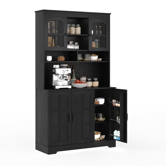 Tall Freestanding Kitchen Pantry Cabinet with Glass Doors & Hutch - 5 Storage Cabinets, Open Shelves, Inner Door Spice Racks - Buffet Sideboard Organizer for Dining Room or Kitchen